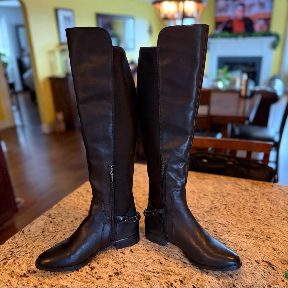 NWT Karl Lagerfeld Black Over-the-Knee Leather Boots with Chain Detail
